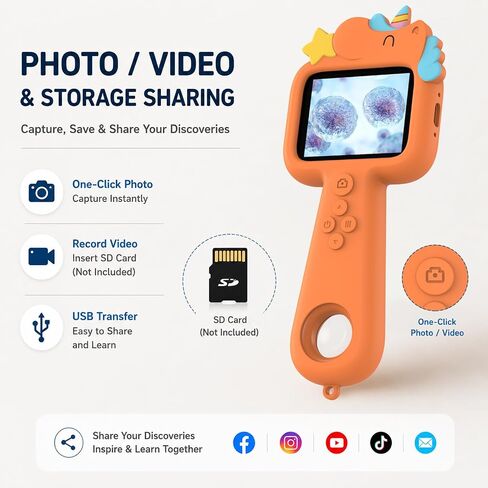 Kids Microscope Digital Magnifying Glass: STEM Toy Science Gift Ages 4-12 | 2.4" IPS screen, 600X magnification, 8X digital zoom and 8 adjustable LEDs; handheld science explorer for boys and girls in Kuwait