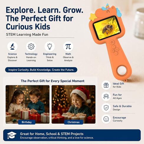 Kids Microscope Digital Magnifying Glass: STEM Toy Science Gift Ages 4-12 | 2.4" IPS screen, 600X magnification, 8X digital zoom and 8 adjustable LEDs; handheld science explorer for boys and girls in Kuwait