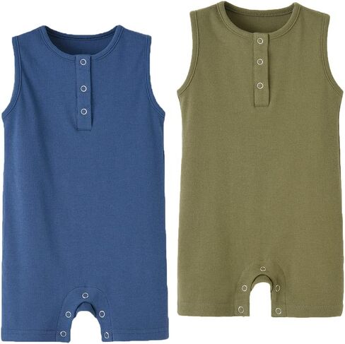 Baby Boys Sleeveless Romper,Newborn Tank Top Summer Clothes Short Jumpsuit | 2 pack cotton infant boy rompers, soft bodysuit, solid outfits,Green+Blue,12-18M in Kuwait