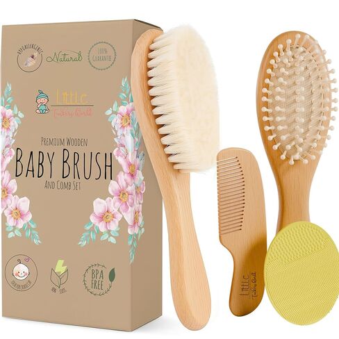 Little Tinkers World Wooden Baby Hair Brush and Comb Set, 4-Piece | Natural Wooden Set with Soft Goat Hair Bristle Brush, Beech Wood Massage Brush, Maple Wood Comb & Soft Silicone Scalp Brush in Kuwait