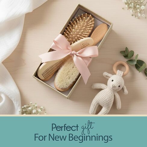 Little Tinkers World Wooden Baby Hair Brush and Comb Set, 4-Piece | Natural Wooden Set with Soft Goat Hair Bristle Brush, Beech Wood Massage Brush, Maple Wood Comb & Soft Silicone Scalp Brush in Kuwait