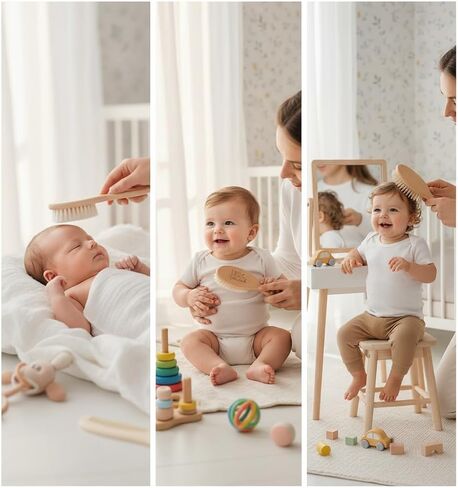 Little Tinkers World Wooden Baby Hair Brush and Comb Set, 4-Piece | Natural Wooden Set with Soft Goat Hair Bristle Brush, Beech Wood Massage Brush, Maple Wood Comb & Soft Silicone Scalp Brush in Kuwait