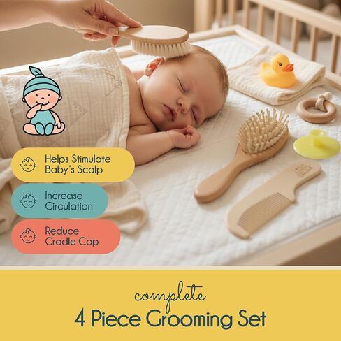 Little Tinkers World Wooden Baby Hair Brush and Comb Set, 4-Piece | Natural Wooden Set with Soft Goat Hair Bristle Brush, Beech Wood Massage Brush, Maple Wood Comb & Soft Silicone Scalp Brush in Kuwait
