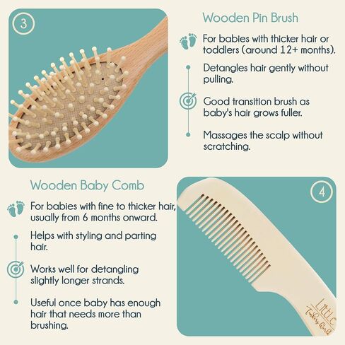 Little Tinkers World Wooden Baby Hair Brush and Comb Set, 4-Piece | Natural Wooden Set with Soft Goat Hair Bristle Brush, Beech Wood Massage Brush, Maple Wood Comb & Soft Silicone Scalp Brush in Kuwait