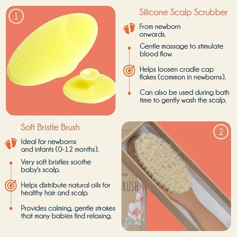 Little Tinkers World Wooden Baby Hair Brush and Comb Set, 4-Piece | Natural Wooden Set with Soft Goat Hair Bristle Brush, Beech Wood Massage Brush, Maple Wood Comb & Soft Silicone Scalp Brush in Kuwait