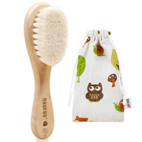 haakaa Wooden Baby Hair Brush for Newborns and Toddlers, Carry Pouch | Natural Soft Wool Bristle Baby Hair Brush with Wooden Handle, Gentle Scalp Massage for Newborn Grooming, Bath and Bedtime in Kuwait