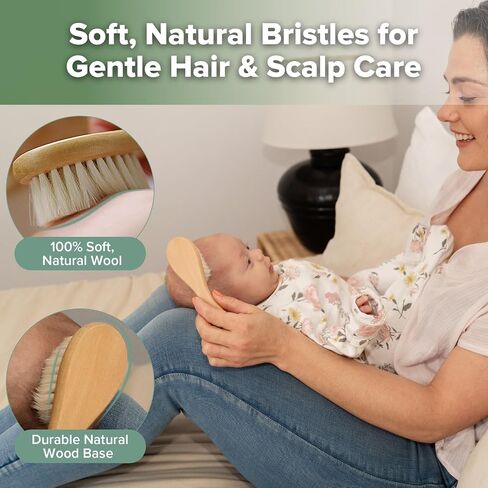 haakaa Wooden Baby Hair Brush for Newborns and Toddlers, Carry Pouch | Natural Soft Wool Bristle Baby Hair Brush with Wooden Handle, Gentle Scalp Massage for Newborn Grooming, Bath and Bedtime in Kuwait