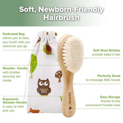 haakaa Wooden Baby Hair Brush for Newborns and Toddlers, Carry Pouch | Natural Soft Wool Bristle Baby Hair Brush with Wooden Handle, Gentle Scalp Massage for Newborn Grooming, Bath and Bedtime in Kuwait