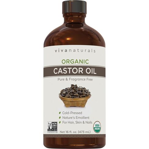Viva Naturals Organic Castor Oil, Cold-Pressed, 16 fl oz – For Face, Hair, Eyelashes, USDA Organic, Non-GMO - Glass Bottle in Kuwait