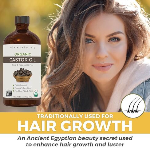 Viva Naturals Organic Castor Oil, Cold-Pressed, 16 fl oz – For Face, Hair, Eyelashes, USDA Organic, Non-GMO - Glass Bottle in Kuwait