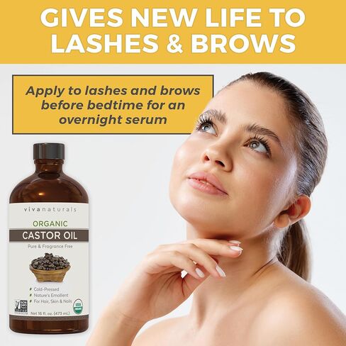 Viva Naturals Organic Castor Oil, Cold-Pressed, 16 fl oz – For Face, Hair, Eyelashes, USDA Organic, Non-GMO - Glass Bottle in Kuwait