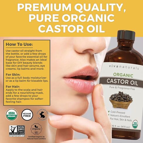 Viva Naturals Organic Castor Oil, Cold-Pressed, 16 fl oz – For Face, Hair, Eyelashes, USDA Organic, Non-GMO - Glass Bottle in Kuwait