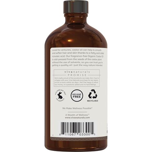 Viva Naturals Organic Castor Oil, Cold-Pressed, 16 fl oz – For Face, Hair, Eyelashes, USDA Organic, Non-GMO - Glass Bottle in Kuwait