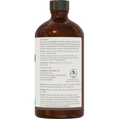 Viva Naturals Organic Castor Oil, Cold-Pressed, 16 fl oz – For Face, Hair, Eyelashes, USDA Organic, Non-GMO - Glass Bottle in Kuwait