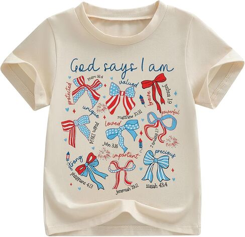 Kids Toddler Girls 4th of July Shirt Christian God Says I Am Bible Verse Coquette Bow American Flag Patriotic T-Shirt in Kuwait