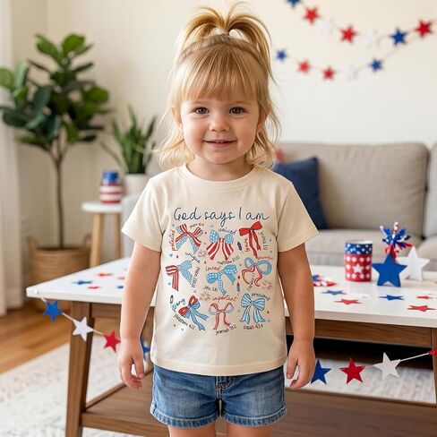 Kids Toddler Girls 4th of July Shirt Christian God Says I Am Bible Verse Coquette Bow American Flag Patriotic T-Shirt in Kuwait