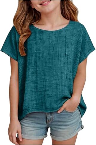 Girls Shirts Short Sleeve Cotton Linen Summer Outfits Oversized Crewneck Pullover Top Linen Gauze Tunic 2-13 Years in Kuwait