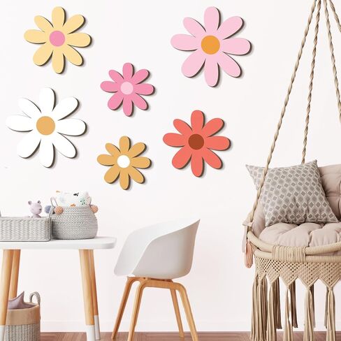 Thyle 6 Pcs Daisy Wall Decor Wooden Daisy Art Flowers Wall Signs Hanging Plaque for Home Nursery Bedroom Farmhouse Bathroom Decorations Housewarming Gifts (Lovely Style,Pink Color) in Kuwait