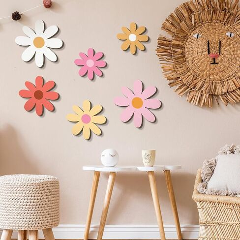 Thyle 6 Pcs Daisy Wall Decor Wooden Daisy Art Flowers Wall Signs Hanging Plaque for Home Nursery Bedroom Farmhouse Bathroom Decorations Housewarming Gifts (Lovely Style,Pink Color) in Kuwait