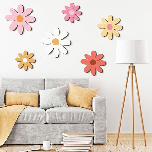 Thyle 6 Pcs Daisy Wall Decor Wooden Daisy Art Flowers Wall Signs Hanging Plaque for Home Nursery Bedroom Farmhouse Bathroom Decorations Housewarming Gifts (Lovely Style,Pink Color) in Kuwait