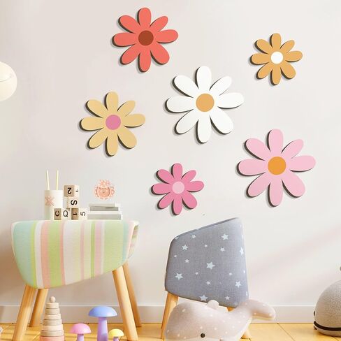 Thyle 6 Pcs Daisy Wall Decor Wooden Daisy Art Flowers Wall Signs Hanging Plaque for Home Nursery Bedroom Farmhouse Bathroom Decorations Housewarming Gifts (Lovely Style,Pink Color) in Kuwait