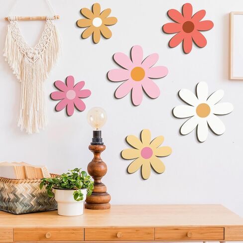 Thyle 6 Pcs Daisy Wall Decor Wooden Daisy Art Flowers Wall Signs Hanging Plaque for Home Nursery Bedroom Farmhouse Bathroom Decorations Housewarming Gifts (Lovely Style,Pink Color) in Kuwait
