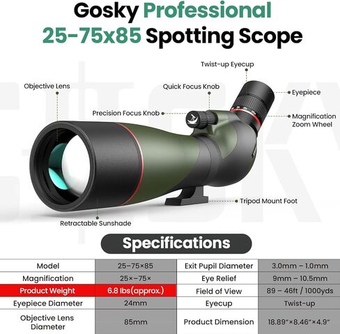 Gosky FalconPro Elite 25-75x85 Spotting Scope for Target Shooting | High Powered Upgrade Spotting Angled Scopes with Phone Adapter & Tripod for Bird Watching, Wildlife Viewing in Kuwait