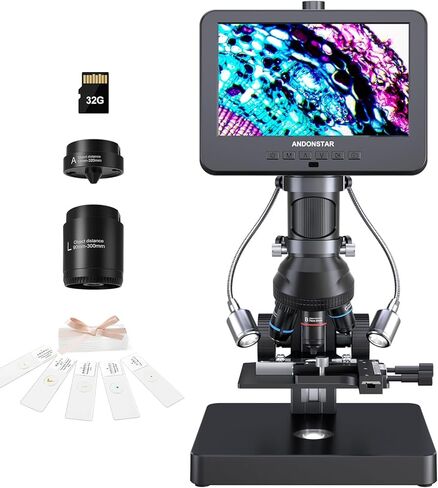 Andonstar AD266S 20X-5000X HDMI Digital Microscope, 5 Lens 2160P UHD Video | 7'' LCD IPS Screen, Metal Biological Stand, X-Y Moveable Stage, Home Lab Microscope Kit with Slides, Coin Full View in Kuwait