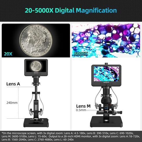 Andonstar AD266S 20X-5000X HDMI Digital Microscope, 5 Lens 2160P UHD Video | 7'' LCD IPS Screen, Metal Biological Stand, X-Y Moveable Stage, Home Lab Microscope Kit with Slides, Coin Full View in Kuwait