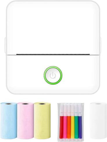 Wireless Thermal Photo Sticker Mini Printer, Portable Inkless Pocket Printer for Students, Includes 4 Rolls Paper, 6 Watercolor Pens, Stickers, White in Kuwait