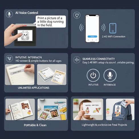 Zunate Ai Voice Sticker Printer Box for Kids, Ai Voice Control Printer, 2.4G WiFi Connection, Inkless Portable Sticker Box for Home, Office, Study and DIY Projects in Kuwait