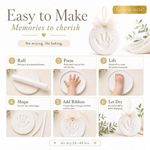 Kate & Milo Ivory Baby Handprint or Footprint Clay Ornament Kit | Baby-Safe Air-Dry Clay, No-Mix or Bake DIY Keepsake, Baby’s First Christmas Ornament, Baby Gift, Nursery Keepsake in Kuwait