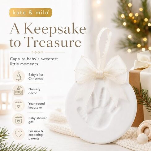 Kate & Milo Ivory Baby Handprint or Footprint Clay Ornament Kit | Baby-Safe Air-Dry Clay, No-Mix or Bake DIY Keepsake, Baby’s First Christmas Ornament, Baby Gift, Nursery Keepsake in Kuwait