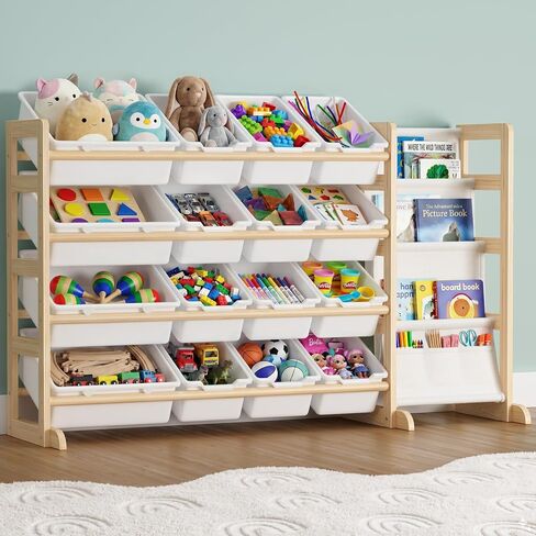 NUTIKAS Toy Storage Organizer with Bookshelf - Wooden 12 Bins Kids Toy Organizer Rack, Solid Pine Wood, Toys Box for Toddler, Playroom, Living Room, Bedroom, Nursery in Kuwait