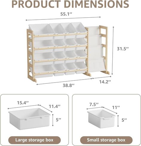 NUTIKAS Toy Storage Organizer with Bookshelf - Wooden 12 Bins Kids Toy Organizer Rack, Solid Pine Wood, Toys Box for Toddler, Playroom, Living Room, Bedroom, Nursery in Kuwait