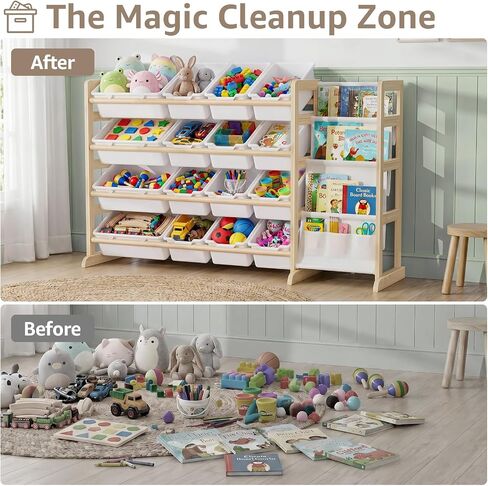 NUTIKAS Toy Storage Organizer with Bookshelf - Wooden 12 Bins Kids Toy Organizer Rack, Solid Pine Wood, Toys Box for Toddler, Playroom, Living Room, Bedroom, Nursery in Kuwait