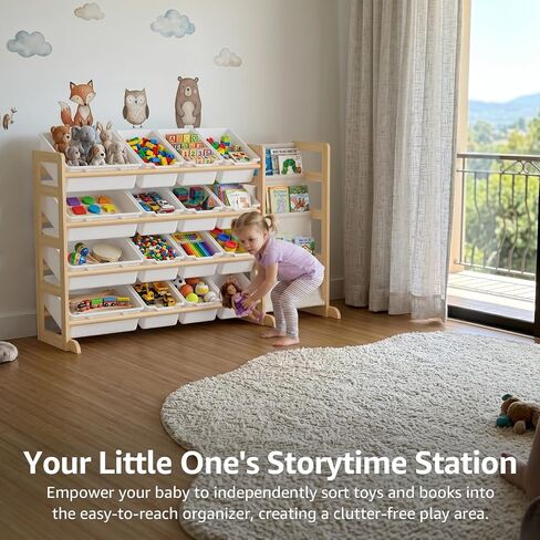 NUTIKAS Toy Storage Organizer with Bookshelf - Wooden 12 Bins Kids Toy Organizer Rack, Solid Pine Wood, Toys Box for Toddler, Playroom, Living Room, Bedroom, Nursery in Kuwait
