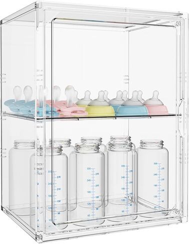 Baby Bottle Organizer, 3 Tiers Adjustable Bottle Storage Container for Countertop, Clear Acrylic Bottle Station with 2 Removable Dividers and Magnetic Door, Suitable for Kitchen Bathroom Vanity in Kuwait