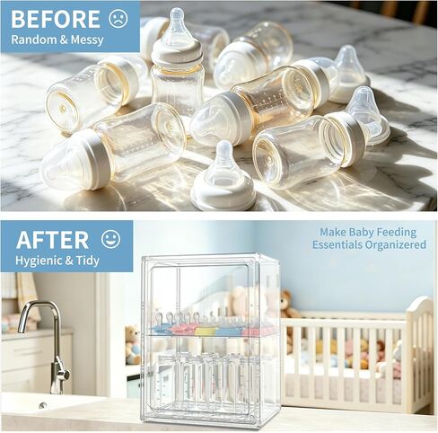 Baby Bottle Organizer, 3 Tiers Adjustable Bottle Storage Container for Countertop, Clear Acrylic Bottle Station with 2 Removable Dividers and Magnetic Door, Suitable for Kitchen Bathroom Vanity in Kuwait