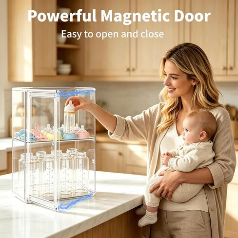 Baby Bottle Organizer, 3 Tiers Adjustable Bottle Storage Container for Countertop, Clear Acrylic Bottle Station with 2 Removable Dividers and Magnetic Door, Suitable for Kitchen Bathroom Vanity in Kuwait