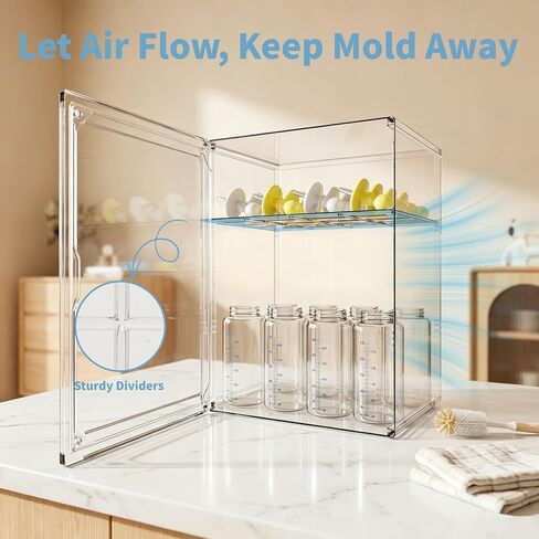 Baby Bottle Organizer, 3 Tiers Adjustable Bottle Storage Container for Countertop, Clear Acrylic Bottle Station with 2 Removable Dividers and Magnetic Door, Suitable for Kitchen Bathroom Vanity in Kuwait