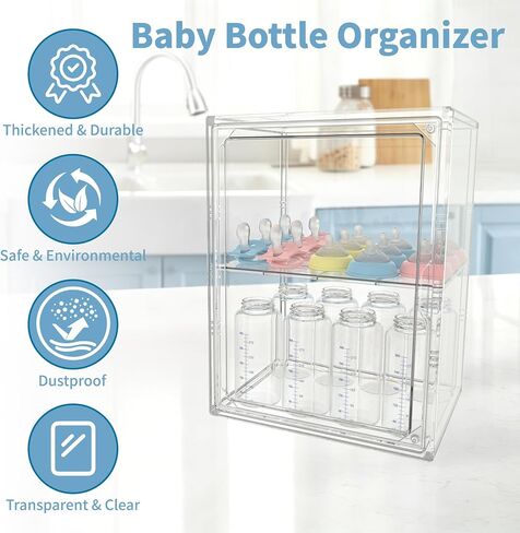 Baby Bottle Organizer, 3 Tiers Adjustable Bottle Storage Container for Countertop, Clear Acrylic Bottle Station with 2 Removable Dividers and Magnetic Door, Suitable for Kitchen Bathroom Vanity in Kuwait