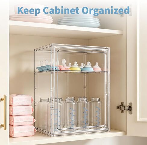 Baby Bottle Organizer, 3 Tiers Adjustable Bottle Storage Container for Countertop, Clear Acrylic Bottle Station with 2 Removable Dividers and Magnetic Door, Suitable for Kitchen Bathroom Vanity in Kuwait