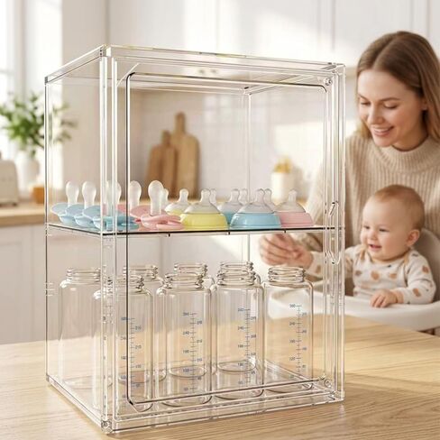 Baby Bottle Organizer, 3 Tiers Adjustable Bottle Storage Container for Countertop, Clear Acrylic Bottle Station with 2 Removable Dividers and Magnetic Door, Suitable for Kitchen Bathroom Vanity in Kuwait