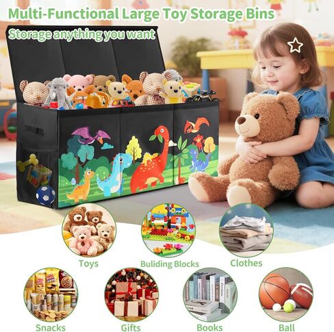 Extra Large Kids Toy Box, Foldable Toy Organizer with Dividers & Lids, 148L Dinosaur Storage Bin for Toddlers Boys Girls, Collapsible Chest for Toys, Books, Bedroom, Playroom, Nursery Black in Kuwait