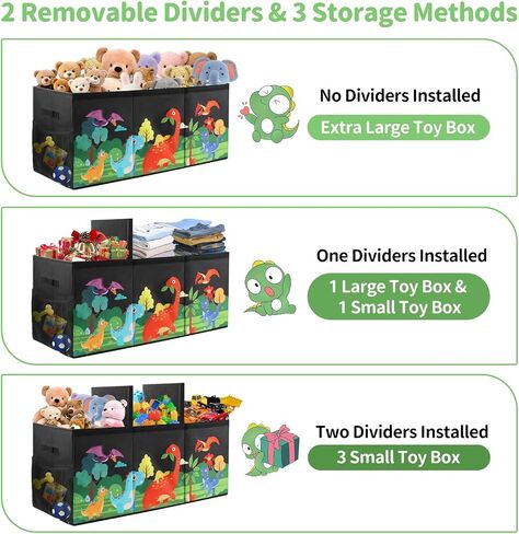 Extra Large Kids Toy Box, Foldable Toy Organizer with Dividers & Lids, 148L Dinosaur Storage Bin for Toddlers Boys Girls, Collapsible Chest for Toys, Books, Bedroom, Playroom, Nursery Black in Kuwait