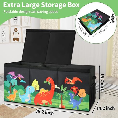 Extra Large Kids Toy Box, Foldable Toy Organizer with Dividers & Lids, 148L Dinosaur Storage Bin for Toddlers Boys Girls, Collapsible Chest for Toys, Books, Bedroom, Playroom, Nursery Black in Kuwait
