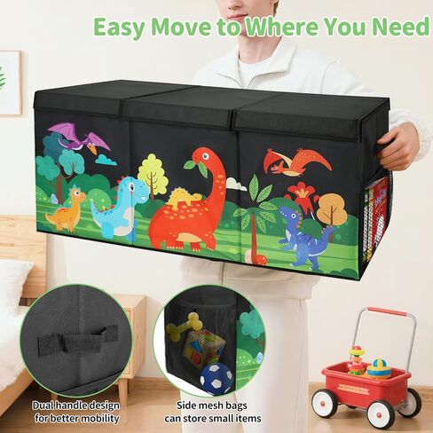 Extra Large Kids Toy Box, Foldable Toy Organizer with Dividers & Lids, 148L Dinosaur Storage Bin for Toddlers Boys Girls, Collapsible Chest for Toys, Books, Bedroom, Playroom, Nursery Black in Kuwait
