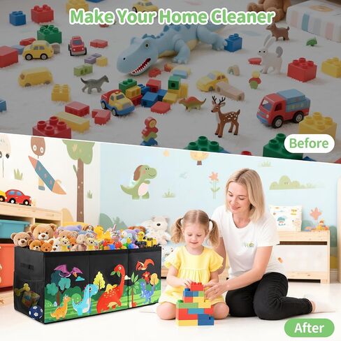 Extra Large Kids Toy Box, Foldable Toy Organizer with Dividers & Lids, 148L Dinosaur Storage Bin for Toddlers Boys Girls, Collapsible Chest for Toys, Books, Bedroom, Playroom, Nursery Black in Kuwait