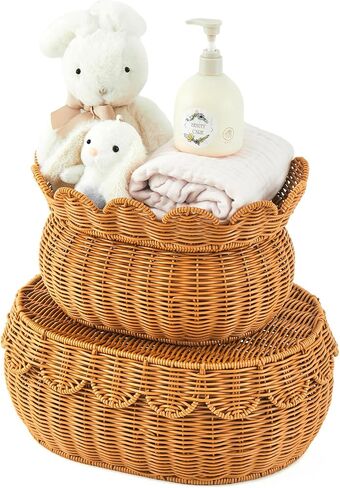 3 Pcs Scalloped Rattan Baskets, Baby Diaper Caddy, Imitation Woven Rattan Wicker Storage Baskets Plastic with Lid for Nursery Storage Organizer Bathroom Decor (Dark Brown,Small,Medium,Large) in Kuwait